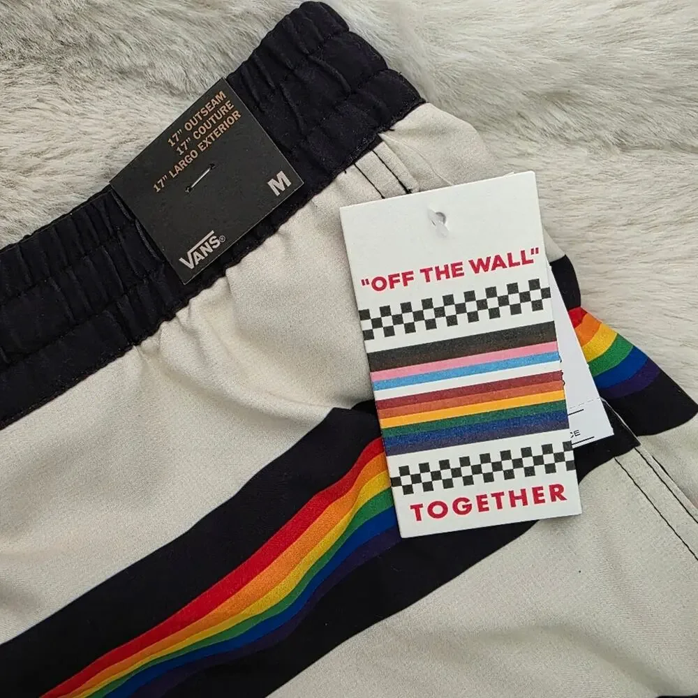 Vans Pride Collection Rainbow Striped Volley Swim Shorts Black Cream Medium NWT